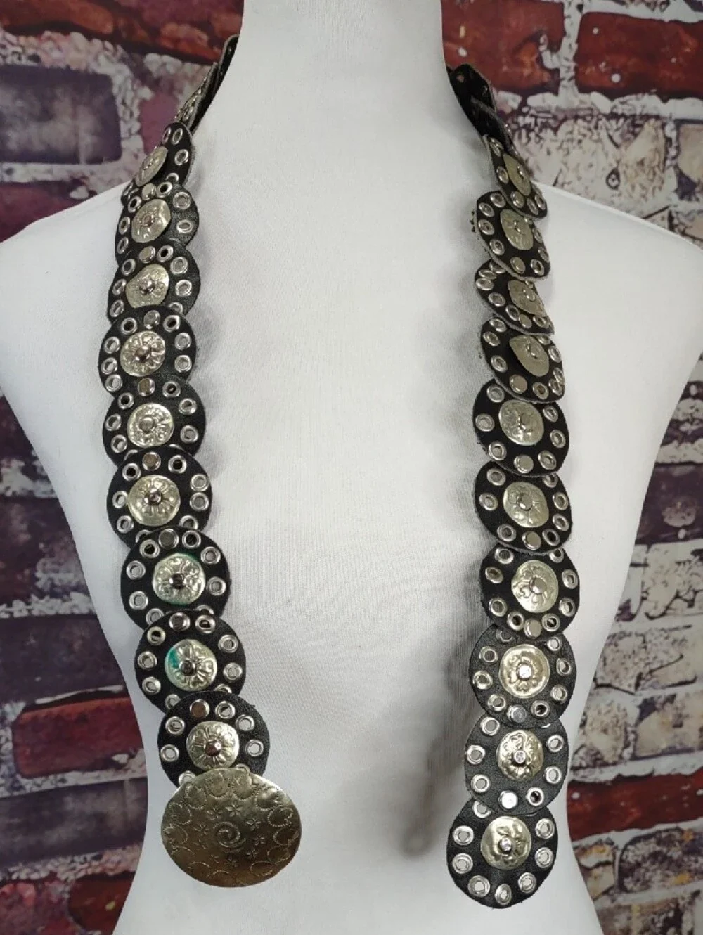 Vintage Moroccan Leather Belt with Silver Medallions